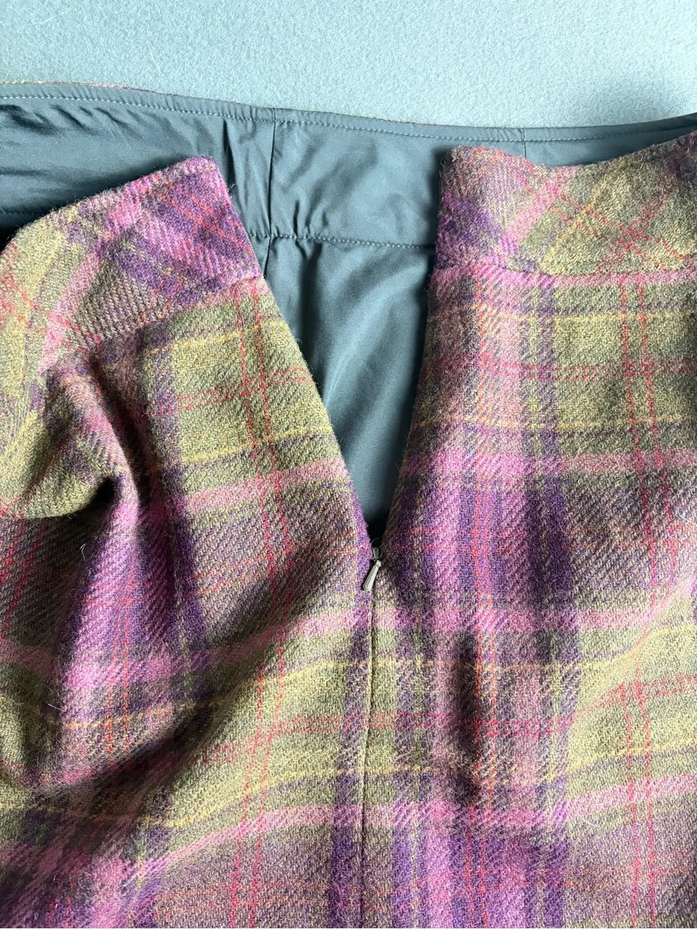 LL Bean Womens Sz 16 A-Line Purple Olive Plaid Wool Blend Skirt Lined, Side Zip